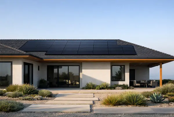 Residential rooftop solar array on a brown house