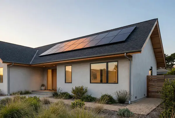 Residential roof with solar array at sunset